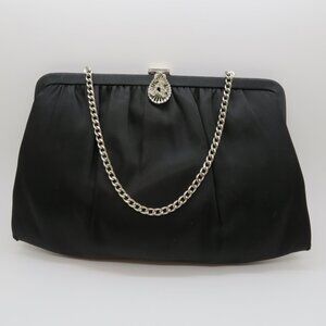 Vintage Handheld Clutch Chain Strap Black Satin Purse Bag Frame Evening Silver